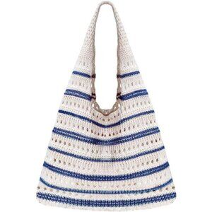 Crochet Tote Bag, Mesh Beach Bag Beige Blue